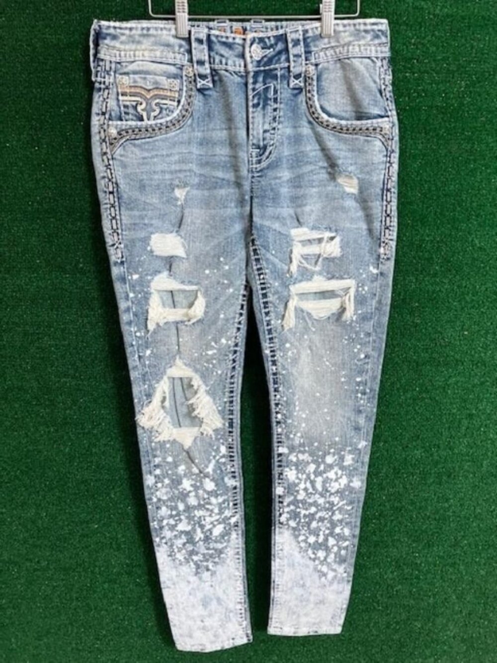 Men's Rock Revival "Nyle" Tapered Distressed Paint Splatter Jeans Size 32 X 32